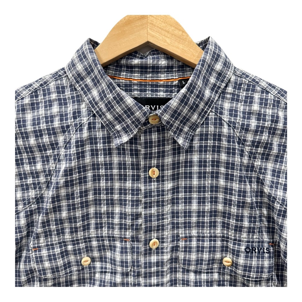 Orvis Mens L Navy White Plaid Seersucker Nylon Blend Roll Tab Sleeve Shirt
